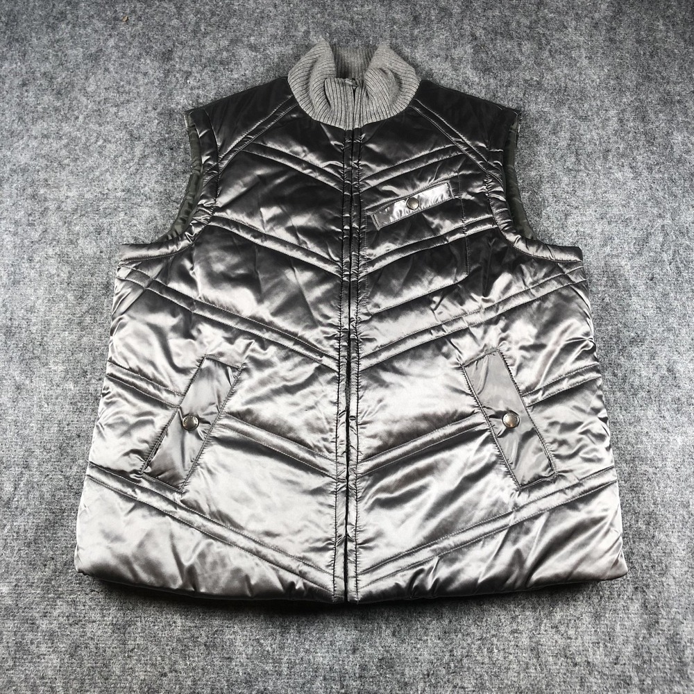 Jones New York Vest Womens Petite Medium‎ Gray Quilted Puffer Zip Mock Neck
